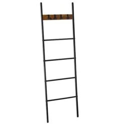 VASAGLE Blanket Ladder, 5-Tier Ladder Shelf, Decorative Ladder With 4 Removable Hooks, Metal Frame, Industrial Style, Rustic Brown And Black ULLS016B01
