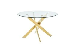 Best Master Furniture Mirage Top Mid-Century Modern Round Glass Dining Table Only, Gold Finish
