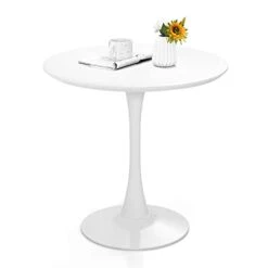 Giantex Round Dining Table, 32 Inches Modern Tulip Kitchen Table W/ 0.9” Thickened Tabletop & Sturdy Metal Pedestal, Mid-Century Leisure Table For Small Places, Dining Room, Living Room, Cafe, White