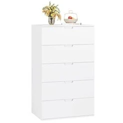 FOTOSOK 5 Drawer Dresser, White Dresser For Bedroom, Modern Dresser Wood Chest Of Drawers With Closed Cut-Out Handles, 23.6L X 15.7W X 39.4H Inch Tall White Dresser Clothing Organizer Unit For Bedroom