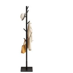 JOISCOPE Wooden Coat Rack Freestanding, Sturdy Coat Tree With 3 Adjustable Sizes, 8 Hooks And Easy To Assemble Coat Hanger For Coats, Hats, Scarves, Clothes And Handbags，Square(Black)