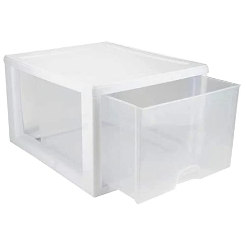Sterilite 27 Quart White Frame Clear Plastic Stackable Storage Container Bin W/Single Drawer, 4 Pack 3 Sterilite 27 Quart White Frame Clear Plastic Stackable Storage Container Bin W/Single Drawer, 4 Pack - Image 3