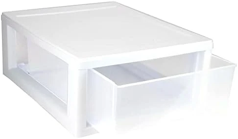 Sterilite 27 Quart White Frame Clear Plastic Stackable Storage Container Bin W/Single Drawer, 4 Pack 7 Sterilite 27 Quart White Frame Clear Plastic Stackable Storage Container Bin W/Single Drawer, 4 Pack - Image 7