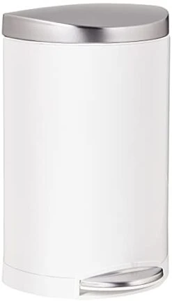 Simplehuman 10 Liter / 2.3 Gallon Small Semi-Round Bathroom Step Trash Can, White Steel With Stainless Steel Lid