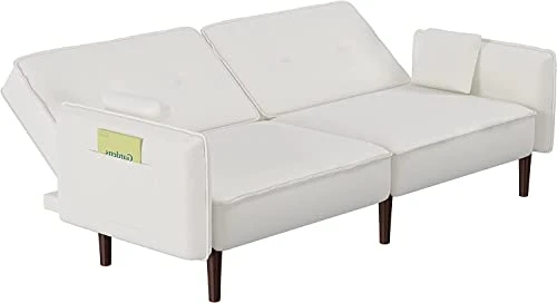 Jmaxo Futon Sofa Bed, 75Inches Modern Convertible Sleeper Couch With 3 Angles Adjustable Back And Solid Wood Leg For Living Room/Bedroom/Apartment/Office, White 6 Jmaxo Futon Sofa Bed, 75Inches Modern Convertible Sleeper Couch With 3 Angles Adjustable Back And Solid Wood Leg For Living Room/Bedroom/Apartment/Office, White - Image 6
