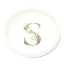 Trinket Tray Ring Dish With Personalized S In Gold Foil And Greenery - White Ring Dish - Monogrammed Trinket Dish Or Jewelry Bowl - Cedar & Ink (S)