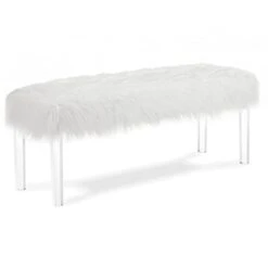 49 Inch Fur Bench With Acrylic Clear Legs White Solid Modern Contemporary Fabric Natural Finish