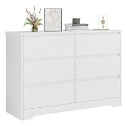 FOTOSOK 6 Drawer Double Dresser, White Dresser For Bedroom, Modern 6 Chest Of Drawers With Deep Drawers, Wide Storage Organizer Cabinet For Living Room Home