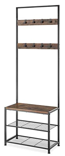 Whitmor Modern Industrial Entryway Coat Rack Hall Tree W/Shoe Storage, Rustic Brown