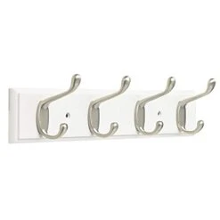 Franklin Brass Heavy Duty Coat And Hat Hook Rail Wall Hooks 4 , 16 Inches, White & Satin Nickel Finish, FBHDCH4-WSE-R