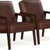 Yaheetech PU Leather Accent Chair, Mid-Century Modern Barrel Chair With Wooden Frame And Soft Thick Padded For Living Room Bedroom Home Office, Set Of 2, Dark Brown