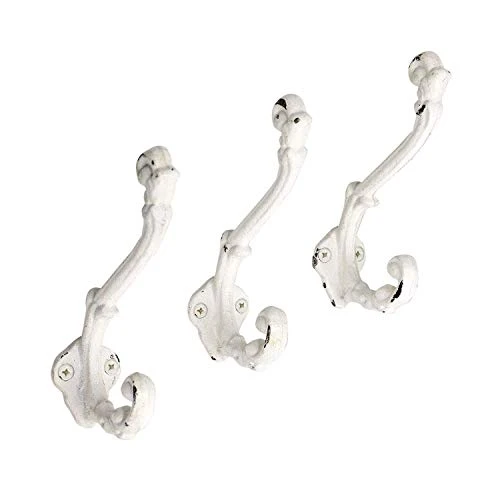 The Metal Magician Wall Mounted Antique Cast Iron Vintage Style Wall Hooks For Coats, Bags, Towels, Hats - (Set Of 3) Distressed White 1 The Metal Magician Wall Mounted Antique Cast Iron Vintage Style Wall Hooks For Coats, Bags, Towels, Hats - (Set Of 3) Distressed White