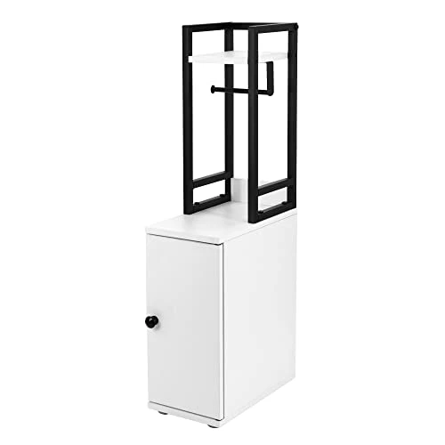 SUNTAGE Small Bathroom Storage Cabinet, Narrow Side Bathroom Organizer W/Toilet Paper Roll Holder And Metal Frame, Slim Toilet Paper Storage Cabinet For Bathroom, White 1 SUNTAGE Small Bathroom Storage Cabinet, Narrow Side Bathroom Organizer W/Toilet Paper Roll Holder And Metal Frame, Slim Toilet Paper Storage Cabinet For Bathroom, White