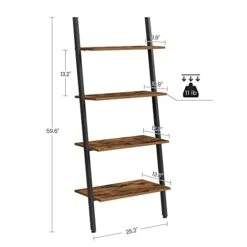 VASAGLE ALINRU Ladder Shelf, 4-Tier Bookshelf, Storage Rack Shelves, For Living Room, Kitchen, Office, Steel, Stable, Sloping, Leaning Against The Wall, Industrial, Rustic Brown And Black ULLS43BX