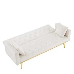 73" Futon Sofa Bed Couch, Velvet Fabric Modern Convertible Folding Sleeper Sofa Futon With Metal Legs 3-seat Loveseat For Bedroom, Apartment, Office, Living Room - White -Songmics Furniture Shop 312E6FXEXML
