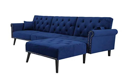 Convertible Sectional Sofa Bed, L-Shaped Reversible Reclining Velvet Sofa With 3 Seats And Pillows For Living Room Small Apartment Spaces Furniture Set (Blue) 2 Convertible Sectional Sofa Bed, L-Shaped Reversible Reclining Velvet Sofa With 3 Seats And Pillows For Living Room Small Apartment Spaces Furniture Set (Blue) - Image 2