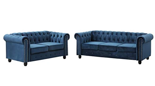 Best Master Furniture Venice Mid-Century Tufted Velvet 2 Pcs Living Room Sofa & Loveseat Set, Navy Blue 2 Best Master Furniture Venice Mid-Century Tufted Velvet 2 Pcs Living Room Sofa & Loveseat Set, Navy Blue - Image 2