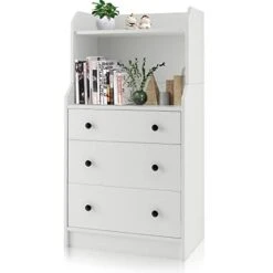GOFLAME 3-Drawer Dresser With Shelf, 44” H Modern Storage Organizer With Anti-Tilting Design, Utility Storage Dresser, Chest Of Drawers For Living Room, Bedroom, Closet, Entryway, White