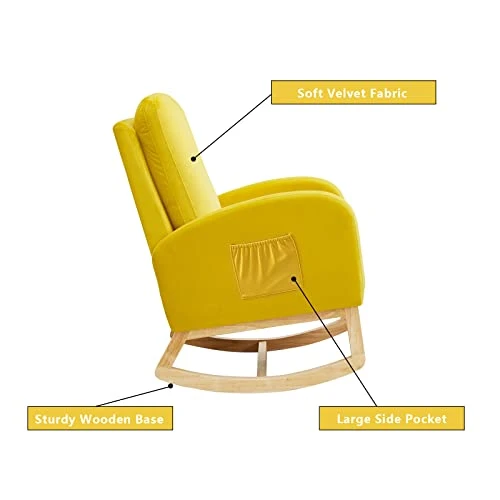 Setawix Rocking Chair For Nursery, Midcentury Modern Accent Rocker Armchair With Side Pocket, Upholstered High Back Wooden Rocking Chair For Living Room Baby Room Bedroom (Yellow - Velvet) 3 Setawix Rocking Chair For Nursery, Midcentury Modern Accent Rocker Armchair With Side Pocket, Upholstered High Back Wooden Rocking Chair For Living Room Baby Room Bedroom (Yellow - Velvet) - Image 3