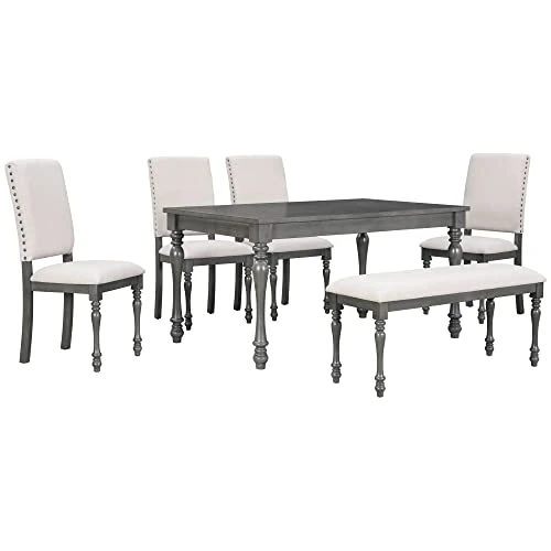 Merax 6-Piece Wood Rectangular Table Set With Turned Legs, 4 Upholstered Chairs And Bench For Dining Room, Grey+Beige_6pcs 6 Merax 6-Piece Wood Rectangular Table Set With Turned Legs, 4 Upholstered Chairs And Bench For Dining Room, Grey+Beige_6pcs - Image 6