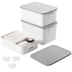 Vacane Plastic Storage Bins With Lids Set Of 3, Stackable Organizer Lidded Basket With Writable Label For Organizing, Sturdy Containers For Shelves Pantry Office School/S+M+L/White