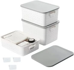 Vacane Plastic Storage Bins With Lids Set Of 3, Stackable Organizer Lidded Basket With Writable Label For Organizing, Sturdy Containers For Shelves Pantry Office School/S+M+L/White -Songmics Furniture Shop 314s440ZEZL. AC