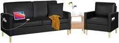 TYBOATLE Modern Faux Leather Living Room Furniture Sectional Sofa Sets 2 Pieces, Loveseat Couch W/ 2 USB Charging Ports And Comfy Accent Arm Chair For Small Space, Apartment, Office, Studio (Black) -Songmics Furniture Shop 315iP1pJEL. AC