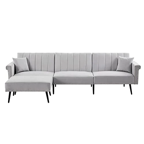 GENERIC L-Shape Sectional Sofa With Ottoman Elegant Line Design Folding Futon Bed Nailhead Trim Grey Cabin Lodge Mid-Century Modern Solid Velvet Handmade 2 GENERIC L-Shape Sectional Sofa With Ottoman Elegant Line Design Folding Futon Bed Nailhead Trim Grey Cabin Lodge Mid-Century Modern Solid Velvet Handmade - Image 2