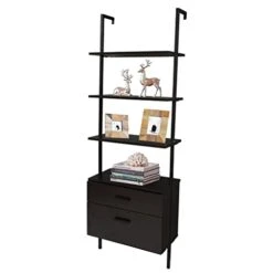 HOYOC 71" Industrial Bookshelf, 5-Tier Wood Wall Mounted Ladder Shelf Bookshelf With 2 Drawers And Matte Steel Frame Open Display Rack For Bedroom,Home Office,Collection,Plant Flower