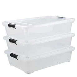 Asking 40 Quart Plastic Wheels Under Bed Storage Box, Latch Bin With Lid, Clear, 3-Pack