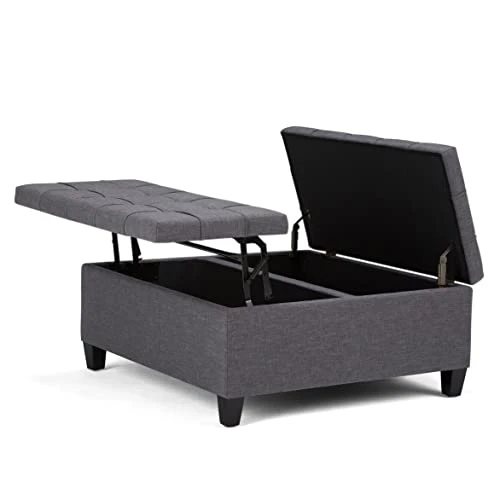 SIMPLIHOME Harrison 36 Inch Wide Square Coffee Table Lift Top Storage Ottoman In Upholstered Slate Grey Tufted Linen Look Fabric For The Living Room, Transitional 1 SIMPLIHOME Harrison 36 Inch Wide Square Coffee Table Lift Top Storage Ottoman In Upholstered Slate Grey Tufted Linen Look Fabric For The Living Room, Transitional