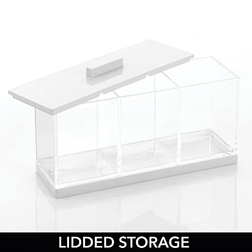 MDesign Cosmetic Divided Organizer Storage Canister Box With 3 Sections And Lid For Bathroom Vanity Countertop - Holder For Cotton Swabs, Perfume, Lipstick - Lumiere Collection - Clear/White 3 MDesign Cosmetic Divided Organizer Storage Canister Box With 3 Sections And Lid For Bathroom Vanity Countertop - Holder For Cotton Swabs, Perfume, Lipstick - Lumiere Collection - Clear/White - Image 3