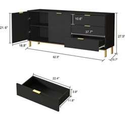 AIEGLE Sideboard Buffet Cabinet With 3 Drawers & 2 Doors, Kitchen Buffet Storage Cabinet Entryway Cupboard With Gold Metal Legs, Black (62.9" L X 15.7" W X 27.5" H)