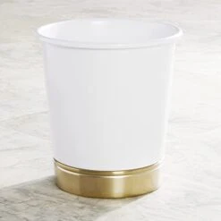 MDesign Small Round Metal Bathroom Wastebasket - Decorative Trash Can And Garbage Basket - Powder Room And Bathroom Trash Bin - Small Trash Can For Bathroom - Hyde Collection - White/Soft Brass