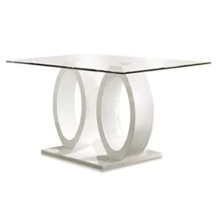 BOWERY HILL Contemporary Tempered Glass Top Double Pedestal Dining Table In White