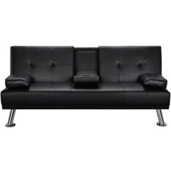 GANFANREN Faux Leather Futon Multifunctional Convertible Folding Bed Sofa With Cupholders Pillows