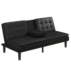 XIEXIUXIA Futon With Cupholder, Black Convertible Folding Bed Sofa