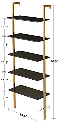 Hooseng Open Wall Mount Bookcase, Modern 5-Shelf Ladder Shelf W/Industrial Metal + Manufactured Wood Storage Organizer, Plant Display Rack, Stand Bookshelf For Home Office (Orange/Black)