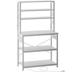 Rolanstar Baker's Rack With Power Outlet, 65.7inch Microwave Oven Stand With 10 Hooks, Stable Coffee Bar Table, 6-Tier Kitchen Storage Shelf Rack, Kitchen Utility Rack With Hutch, White