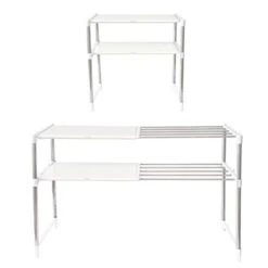 LivingBasics Rust-Free Stainless Steel Adjustable Multipurpose Stand For Kitchen Storage/Microwave & OTG Rack/Shoe Rack/Bathroom Stand/Office Organizer/Bookshelf (2-LAYER, SNOW WHITE)