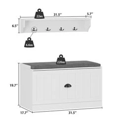 AIEGLE Entryway Hall Tree Set With Shoe Bench & Wall Mounted Coat Rack, 3-in-1 Entryway Storage Bench With Drawer & Cushion, Hall Tree Coat Rack With 4 Hooks For Hallway Hanging, White 12 AIEGLE Entryway Hall Tree Set With Shoe Bench & Wall Mounted Coat Rack, 3-in-1 Entryway Storage Bench With Drawer & Cushion, Hall Tree Coat Rack With 4 Hooks For Hallway Hanging, White -Songmics Furniture Shop 31EpNB4wtTL