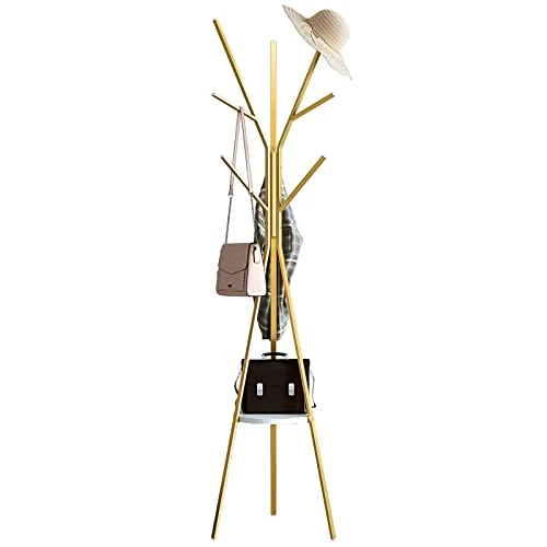 IOTXY Metal Coat Rack Tree - 71 Inches Tall Floor Standing Clothing Hanger With Wooden Shelf And 9 Hooks For Handbag Jacket Scarf Rack, Gold 1 IOTXY Metal Coat Rack Tree - 71 Inches Tall Floor Standing Clothing Hanger With Wooden Shelf And 9 Hooks For Handbag Jacket Scarf Rack, Gold