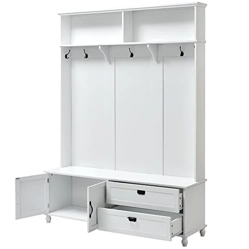 LUMISOL Hall Tree With Storage Cabinet And 2 Large Drawers, Hall Tree With Bench And Shoe Storage, 59" Widen Entryway Bench With Coat Rack, White 3 LUMISOL Hall Tree With Storage Cabinet And 2 Large Drawers, Hall Tree With Bench And Shoe Storage, 59" Widen Entryway Bench With Coat Rack, White - Image 3
