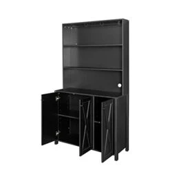 Weselon Large Kitchen Pantry Cabinet, Storage Hutch With Microwave Stand & Wine Rack, Freestanding Kitchen Cupboard Buffet Bar Cabinet With Barn Door & Open Shelves For Home (Black) -Songmics Furniture Shop 31GoVGs2XyL