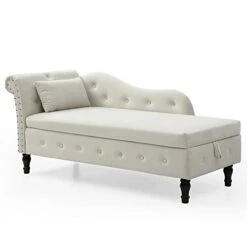Homtique 60" Velvet Storage Chaise Lounge Indoor Button Tufted With Pillow, Nailhead Decorate Rolled Arm Chaise Lounge For Bedroom Living Room (Beige, With Storage)