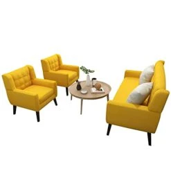 UIXE 3 Piece Indoor Comfy Sectional Sofa With Accent Chairs For Living Room, Linen Fabric Couch Modern Bedroom Loveseat 2-Seat Armchair For Home Apartment Small Space (Yellow) -Songmics Furniture Shop 31IUHVBpDrL