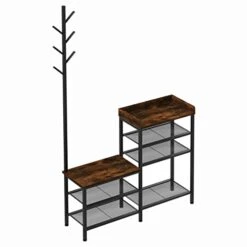 Furniouse 39.4''W Shoe Bench Entryway With Coat Rack, 4 Tier Shoes Rack With Metal Mesh Shelves And Wood Seat, Mudroom Bench For Shoe Storage, 4 In 1 Rustic Bench For Hallway, Foyer, Doorway