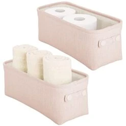 MDesign Narrow Fabric Storage Bin Basket With Handles For Bathroom Closet, Vanity, Cabinet, Cubby, Countertop, Small Slim Baskets For Towels, Toilet Tissue, Crane Collection, 2 Pack - Light Pink