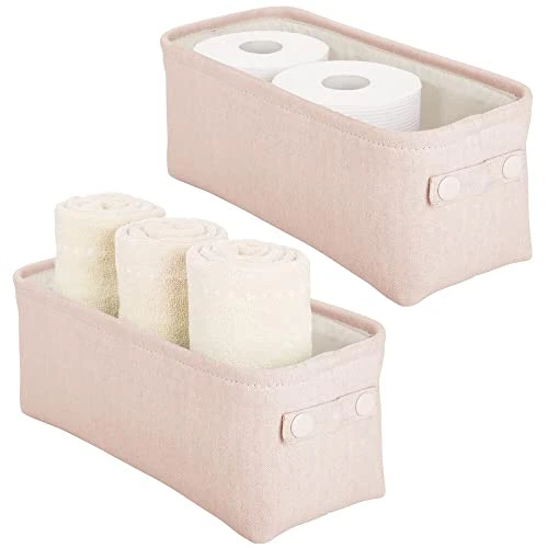 MDesign Narrow Fabric Storage Bin Basket With Handles For Bathroom Closet, Vanity, Cabinet, Cubby, Countertop, Small Slim Baskets For Towels, Toilet Tissue, Crane Collection, 2 Pack - Light Pink 1 MDesign Narrow Fabric Storage Bin Basket With Handles For Bathroom Closet, Vanity, Cabinet, Cubby, Countertop, Small Slim Baskets For Towels, Toilet Tissue, Crane Collection, 2 Pack - Light Pink