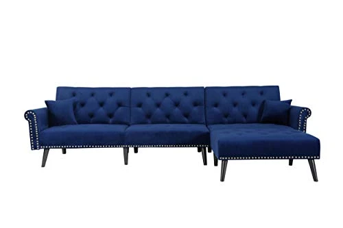 Convertible Sectional Sofa Bed, L-Shaped Reversible Reclining Velvet Sofa With 3 Seats And Pillows For Living Room Small Apartment Spaces Furniture Set (Blue) 1 Convertible Sectional Sofa Bed, L-Shaped Reversible Reclining Velvet Sofa With 3 Seats And Pillows For Living Room Small Apartment Spaces Furniture Set (Blue)